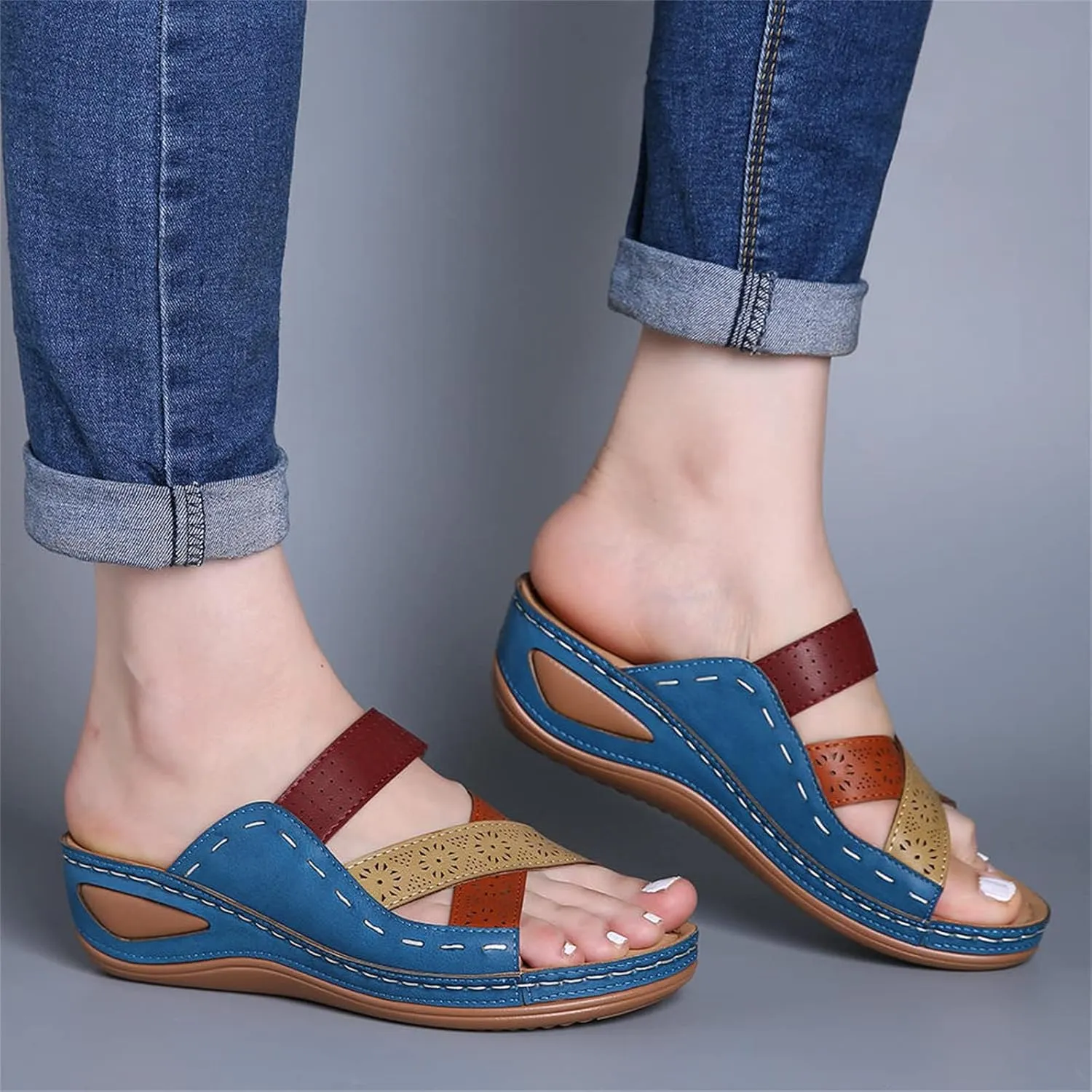 Women Wedge Sandals Comfortable Dressy Casual Open Toe Slippers Fashion Cross Strap Hollow Out Summer Walking Shoes for Summer Beach Oceanside Holiday Outdoor