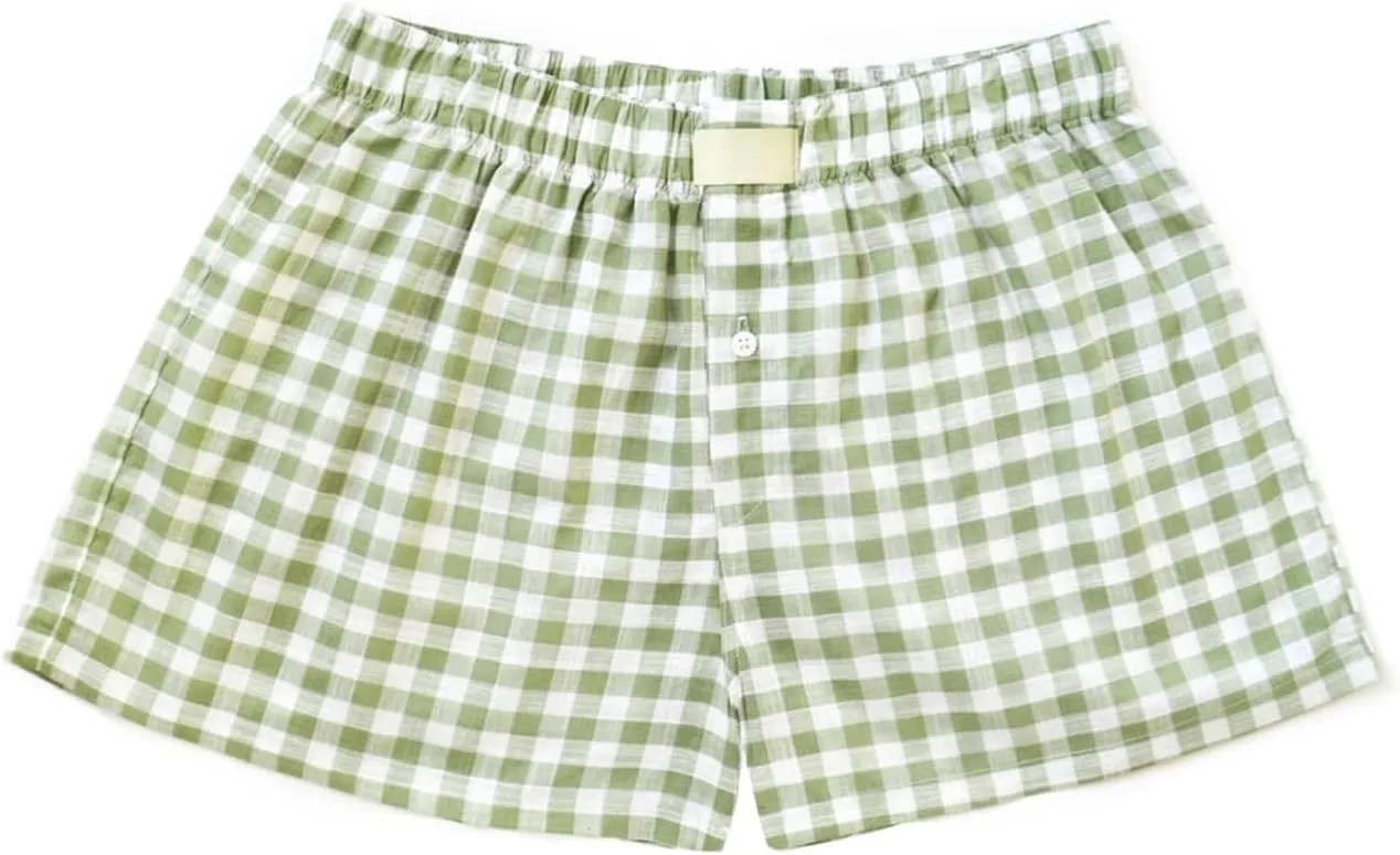 Women Y2k Lounge Shorts Plaid Pajamas Shorts Lounge Boxer Shorts High Waist Button Front Pj Bottoms Sleepwear