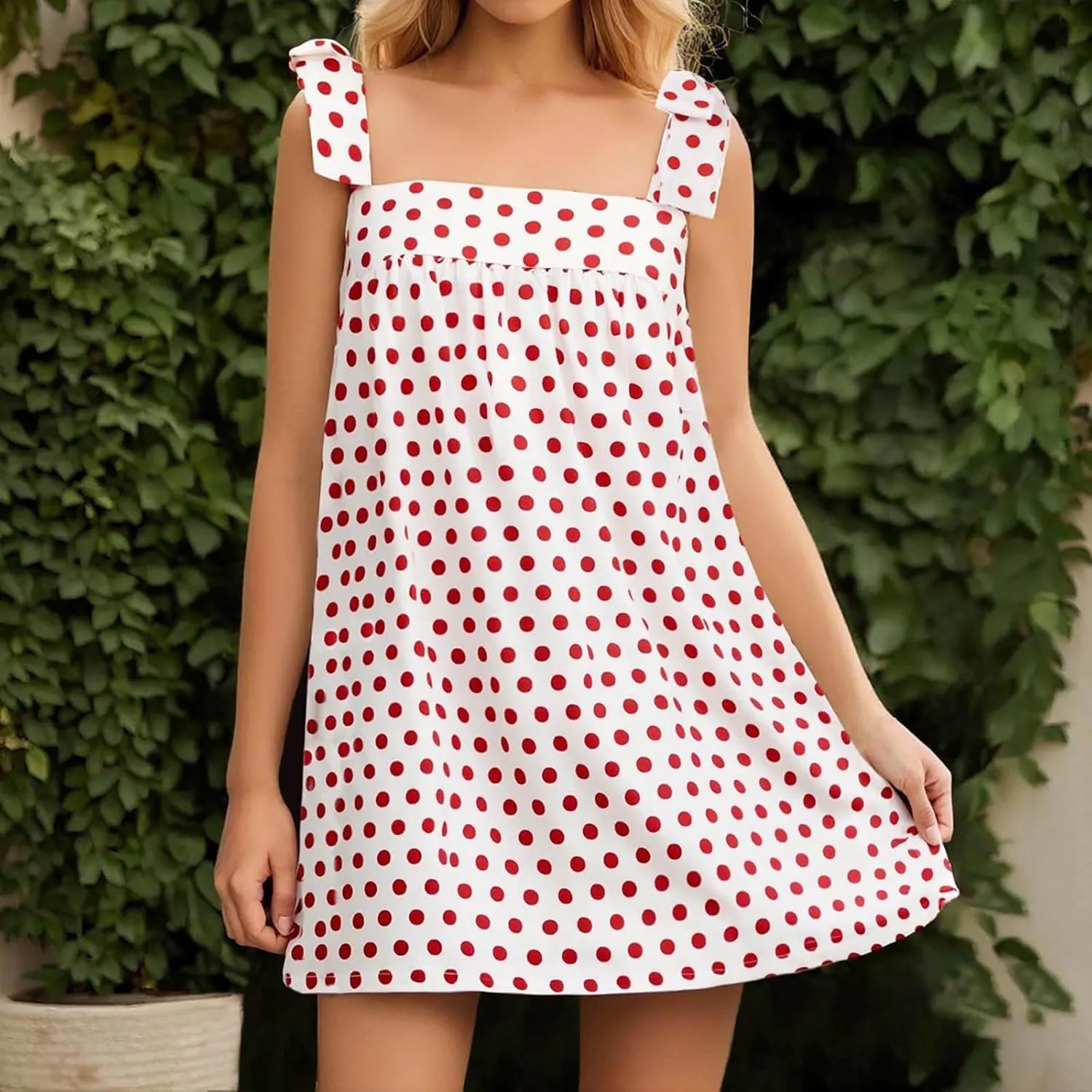 Women Y2K Tie Shoulder Mini Dress Square Neck Floral Ruffle Flowy Babydoll Dress Summer Bow Strap Boho Short Dresses