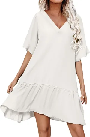 Womens 2024 Boho Loose Swing Midi Dresses Short Sleeve V Neck Ruffle Summer Dress Beach Party Sundress