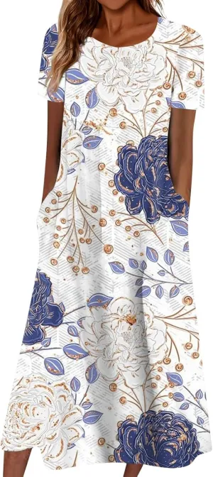 Womens 2024 Fashion Casual Plus Size O Neck Basic Dresses Short Sleeve Flowy Print Summer Dress with Pockets
