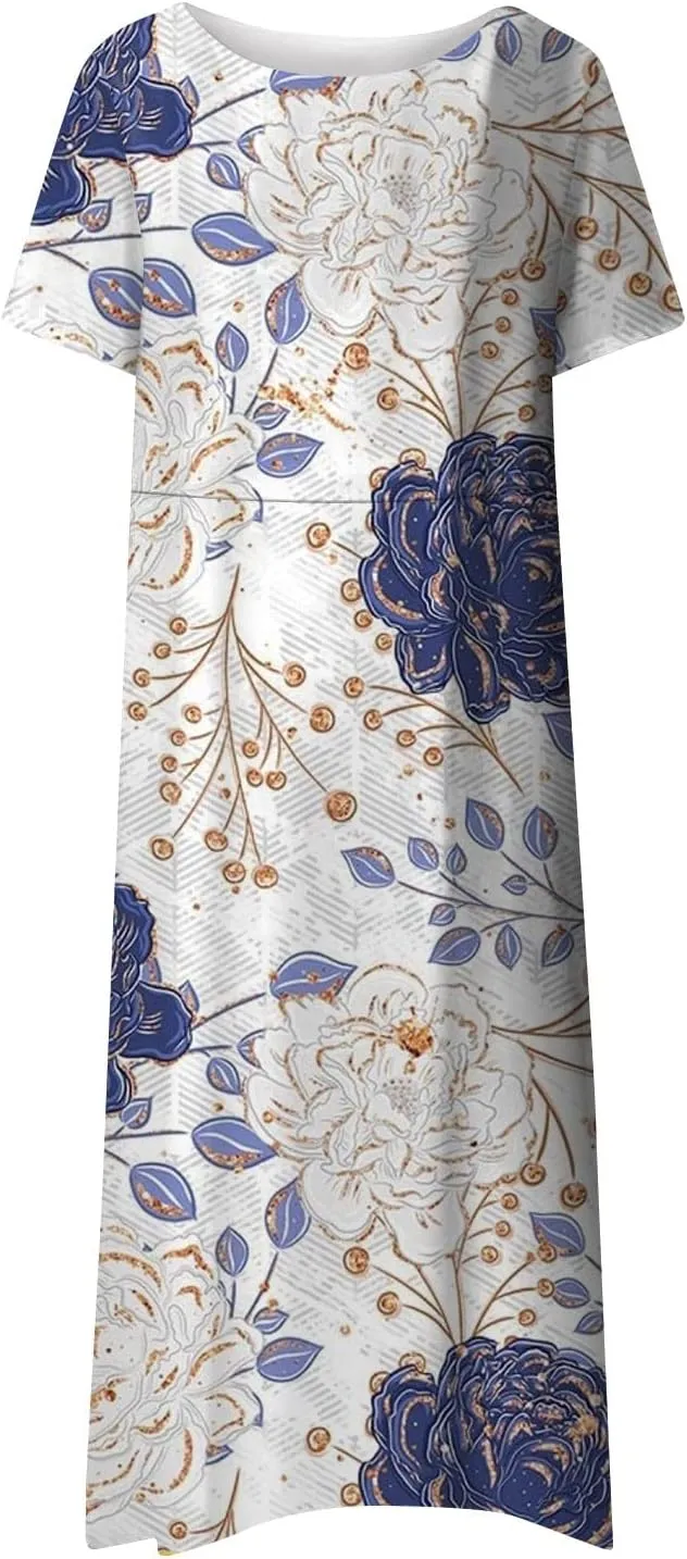 Womens 2024 Fashion Casual Plus Size O Neck Basic Dresses Short Sleeve Flowy Print Summer Dress with Pockets