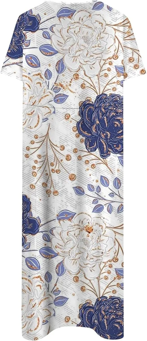 Womens 2024 Fashion Casual Plus Size O Neck Basic Dresses Short Sleeve Flowy Print Summer Dress with Pockets