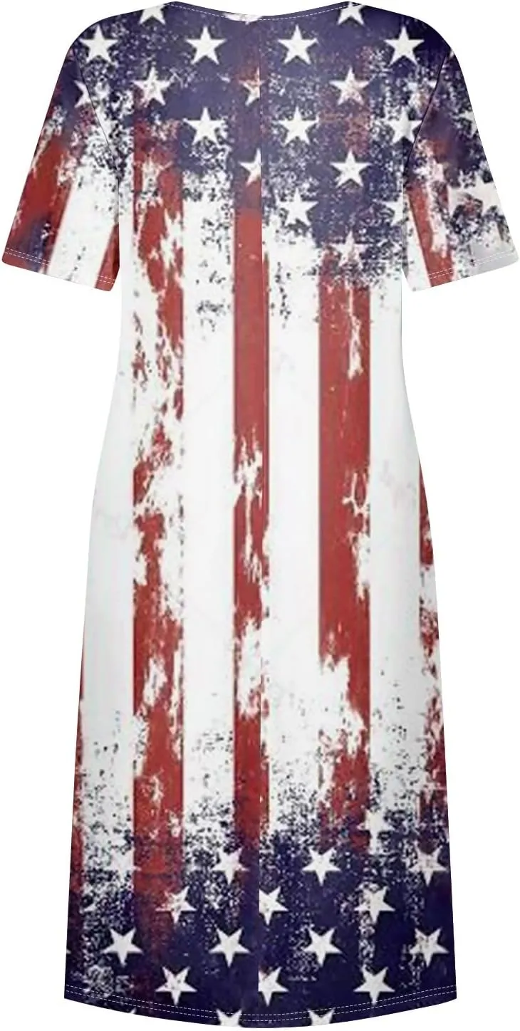 Womens 4th of July Dresses Independence Day Red Patriotic Tunic Dress Short Sleeve V Neck 2025 Flag Sundress with Pocket