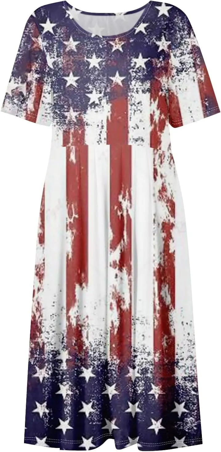 Womens 4th of July Dresses Independence Day Red Patriotic Tunic Dress Short Sleeve V Neck 2025 Flag Sundress with Pocket