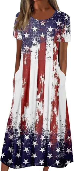 Womens 4th of July Dresses Independence Day Red Patriotic Tunic Dress Short Sleeve V Neck 2025 Flag Sundress with Pocket