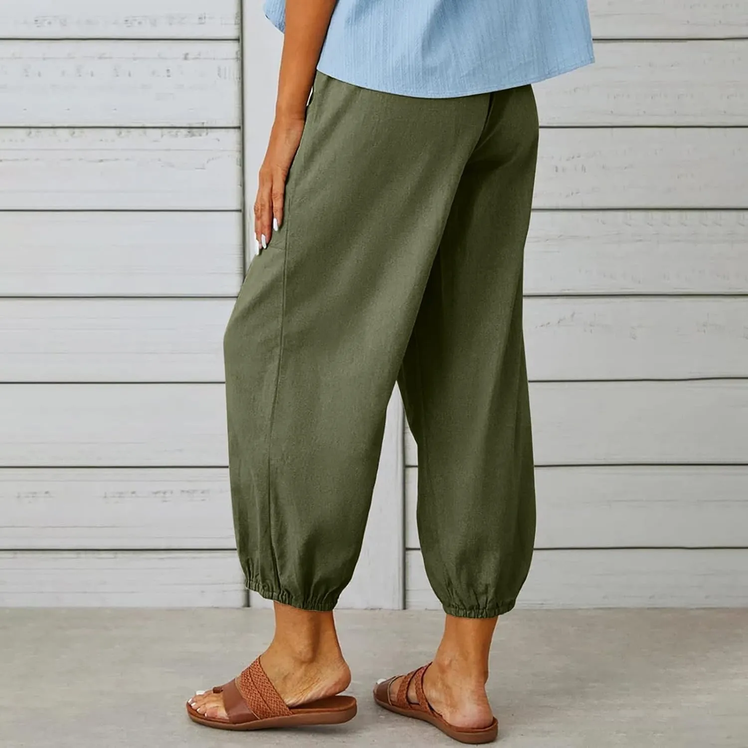 Womens Baggy Wide Leg Pants Casual Palazzo Harem Pants with Elastic Waisted Pockets