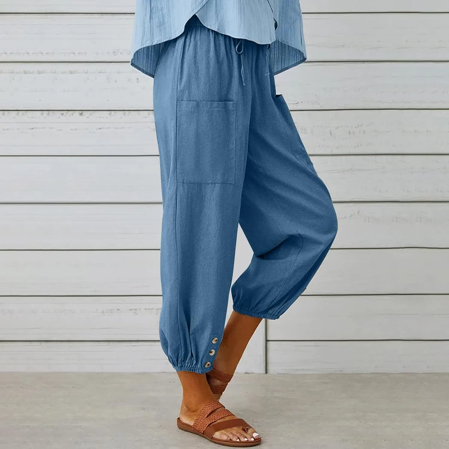 Womens Baggy Wide Leg Pants Casual Palazzo Harem Pants with Elastic Waisted Pockets
