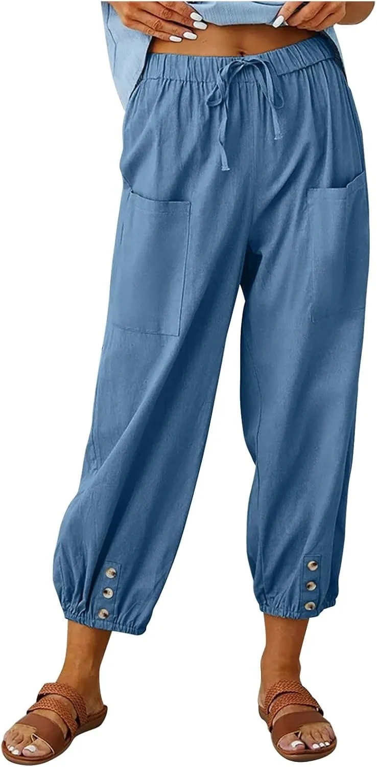 Womens Baggy Wide Leg Pants Casual Palazzo Harem Pants with Elastic Waisted Pockets