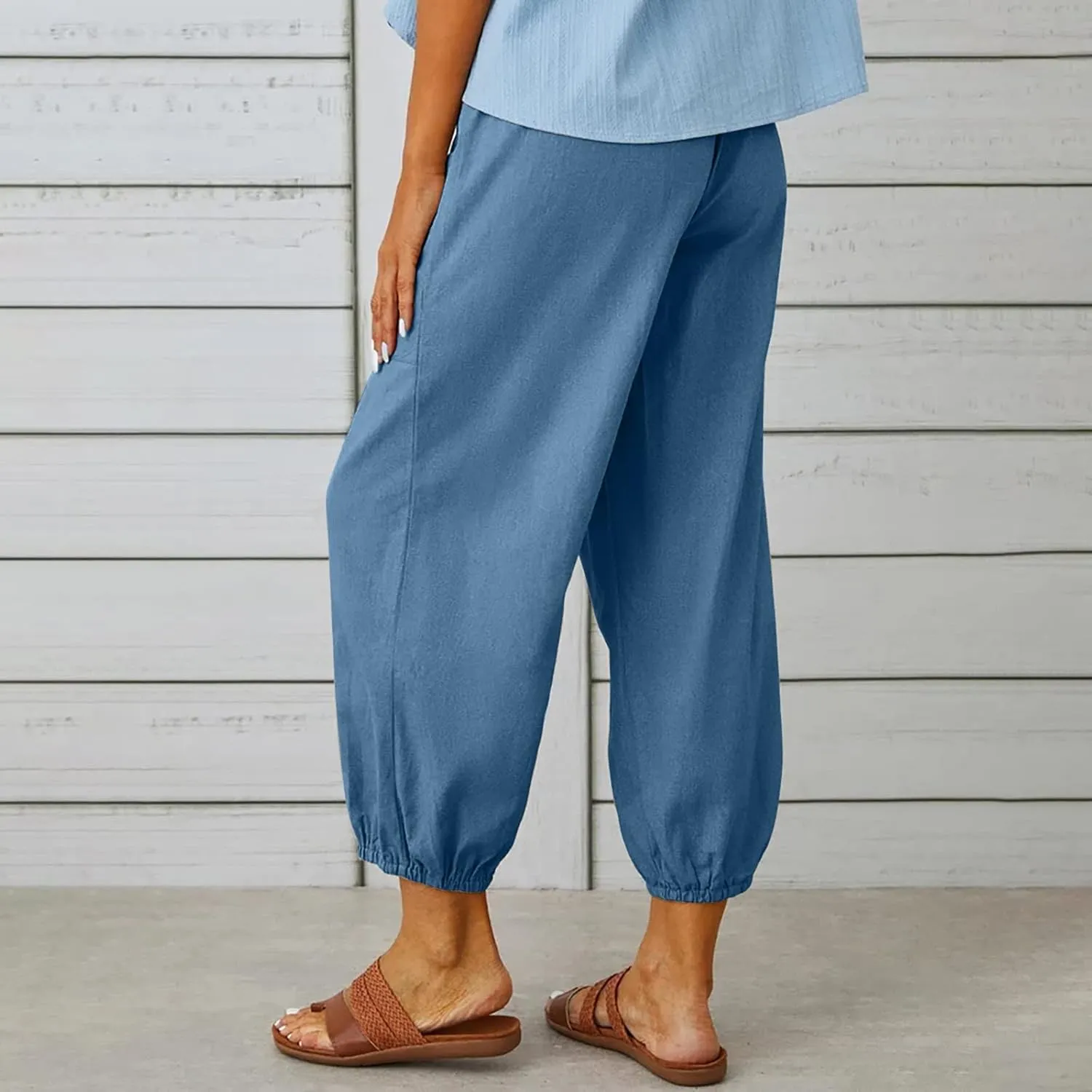 Womens Baggy Wide Leg Pants Casual Palazzo Harem Pants with Elastic Waisted Pockets