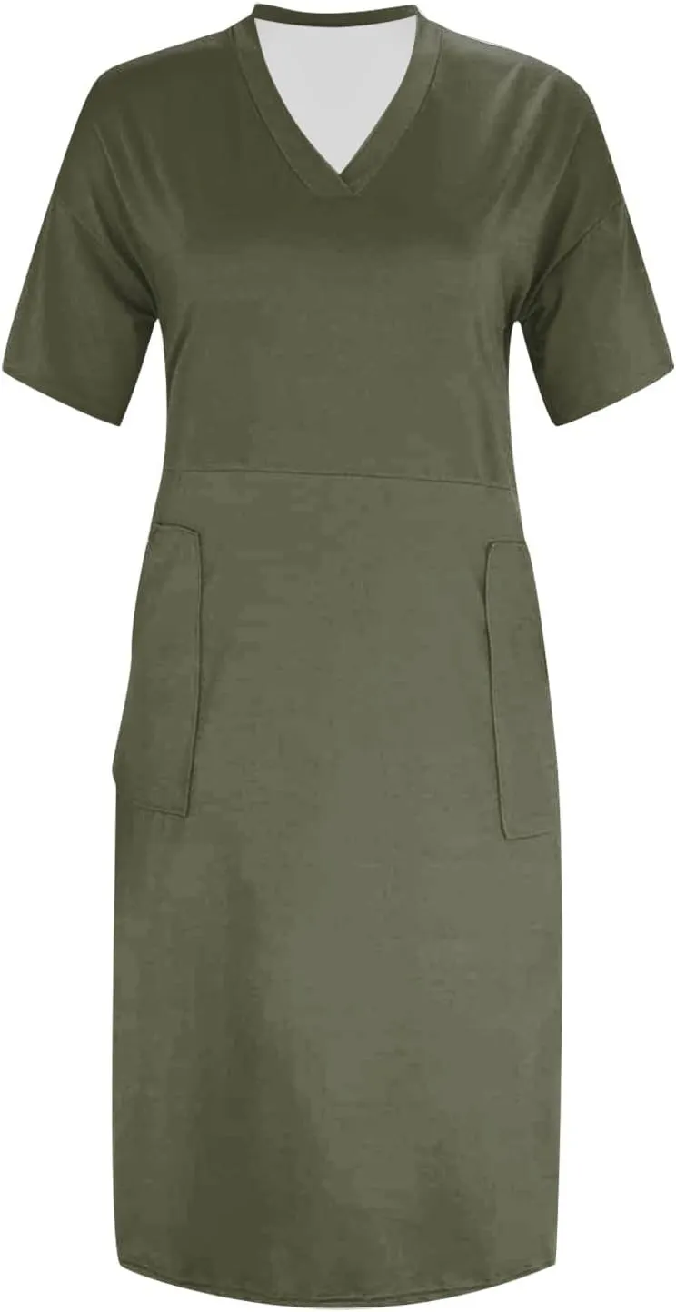 Women's Beach Dress Plus Size Summer V Neck Short Sleeve Knee Pocket Soild Color Casual Dress Casual Dresses