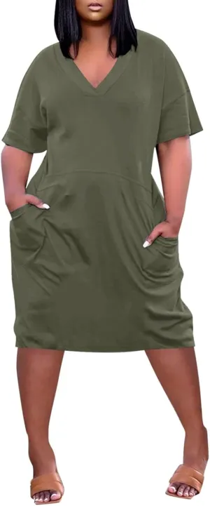 Women's Beach Dress Plus Size Summer V Neck Short Sleeve Knee Pocket Soild Color Casual Dress Casual Dresses