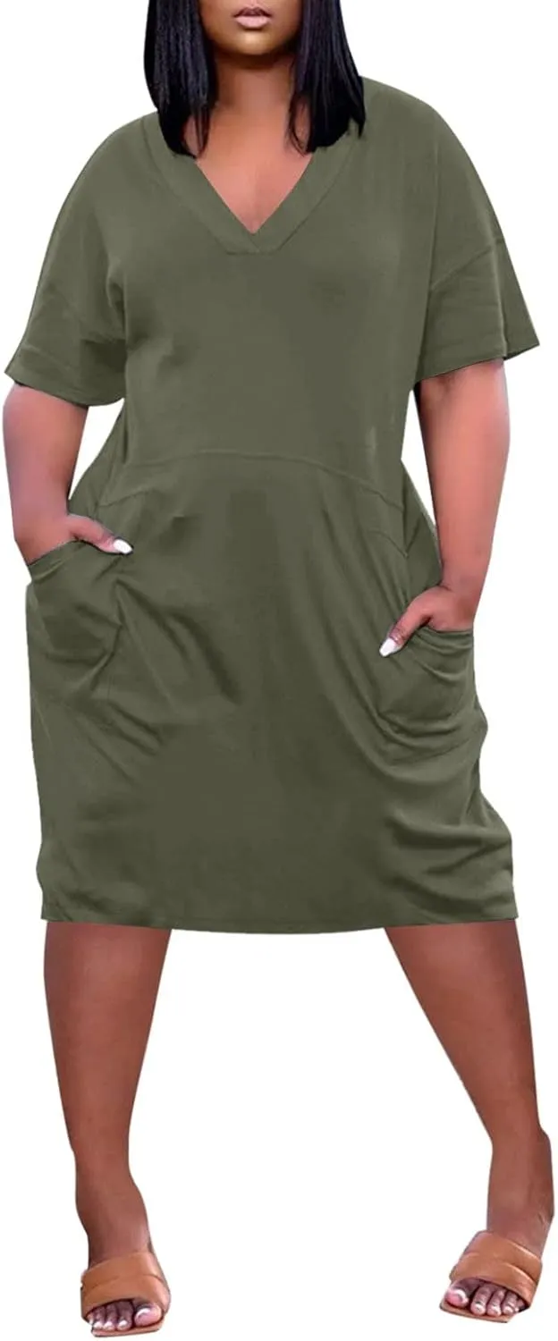 Women's Beach Dress Plus Size Summer V Neck Short Sleeve Knee Pocket Soild Color Casual Dress Casual Dresses