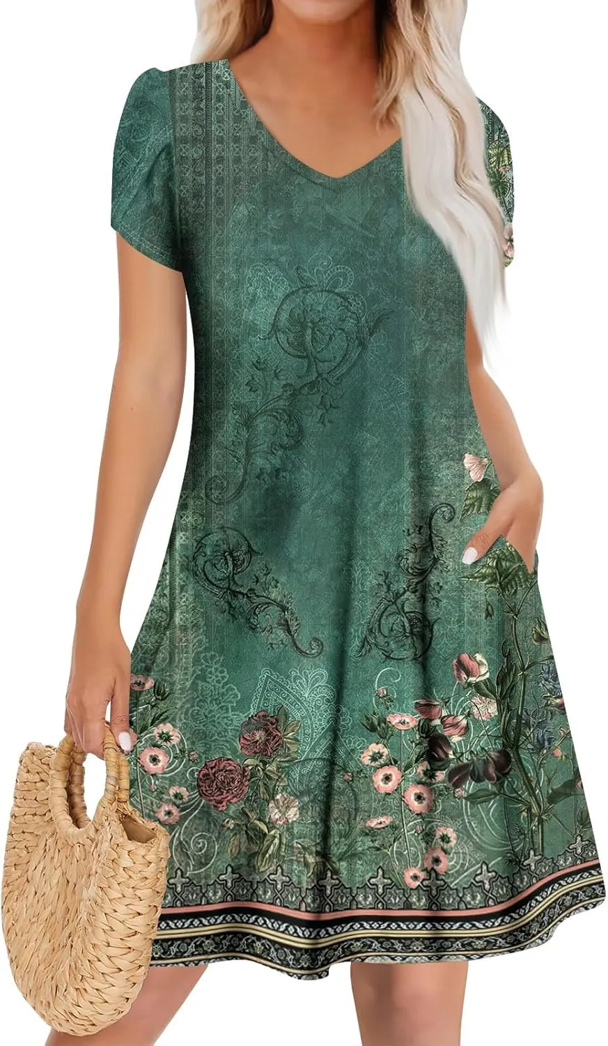 Women's Bohemian Floral Print Summer Dress with Pockets Short Sleeve V-Neck Casual Loose Fit Sundress