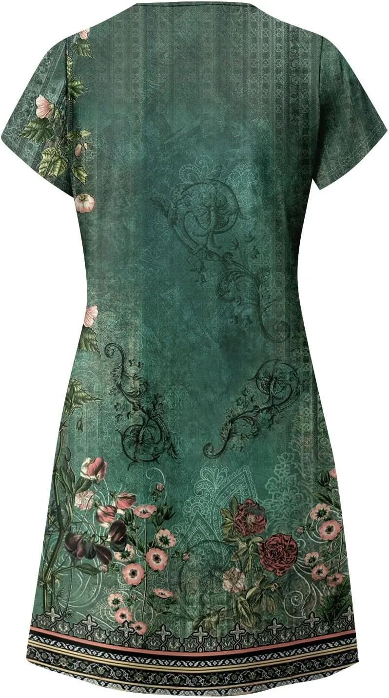 Women's Bohemian Floral Print Summer Dress with Pockets Short Sleeve V-Neck Casual Loose Fit Sundress