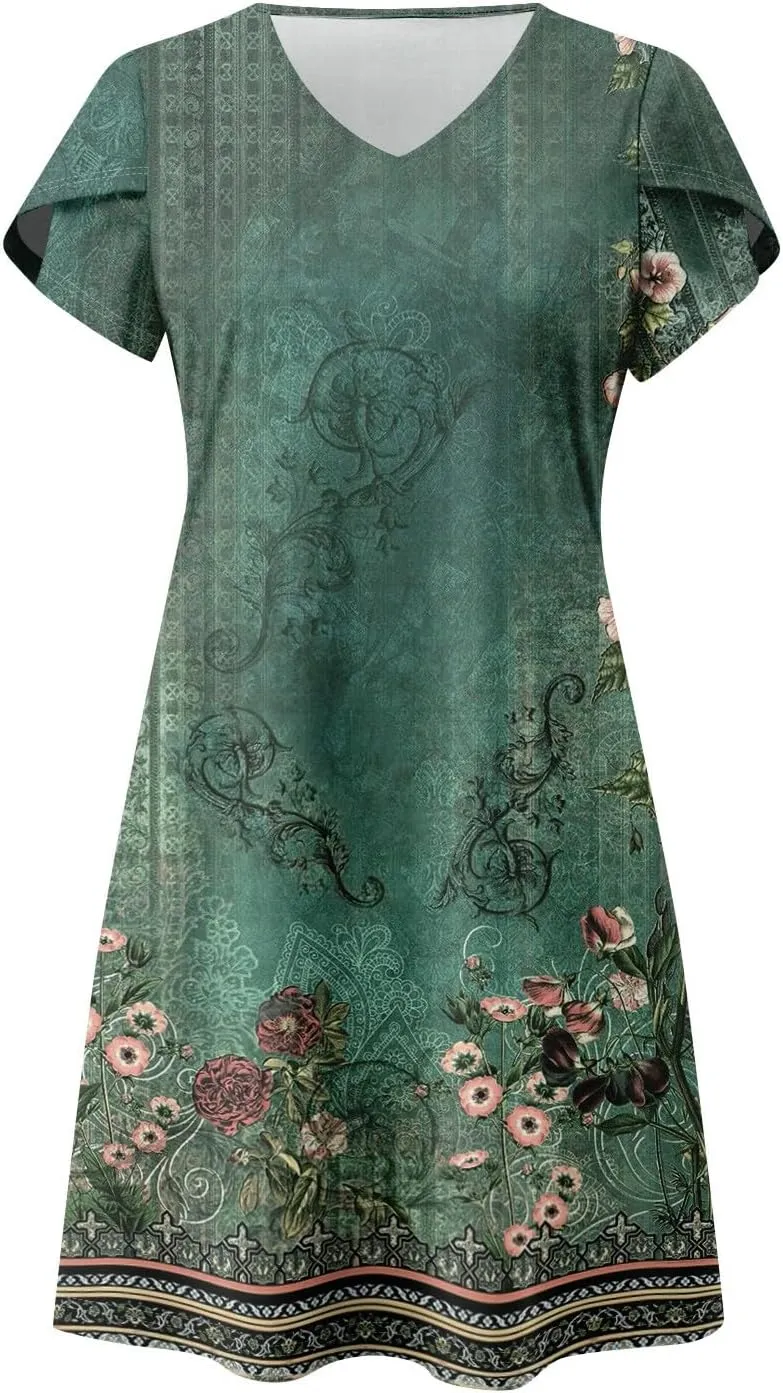 Women's Bohemian Floral Print Summer Dress with Pockets Short Sleeve V-Neck Casual Loose Fit Sundress