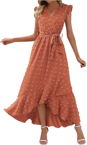 Women's Bohemian Swiss Dot Wrap V Neck Sleeveless Beach Party Maxi Dress Elegant Wedding Guest Sundresses