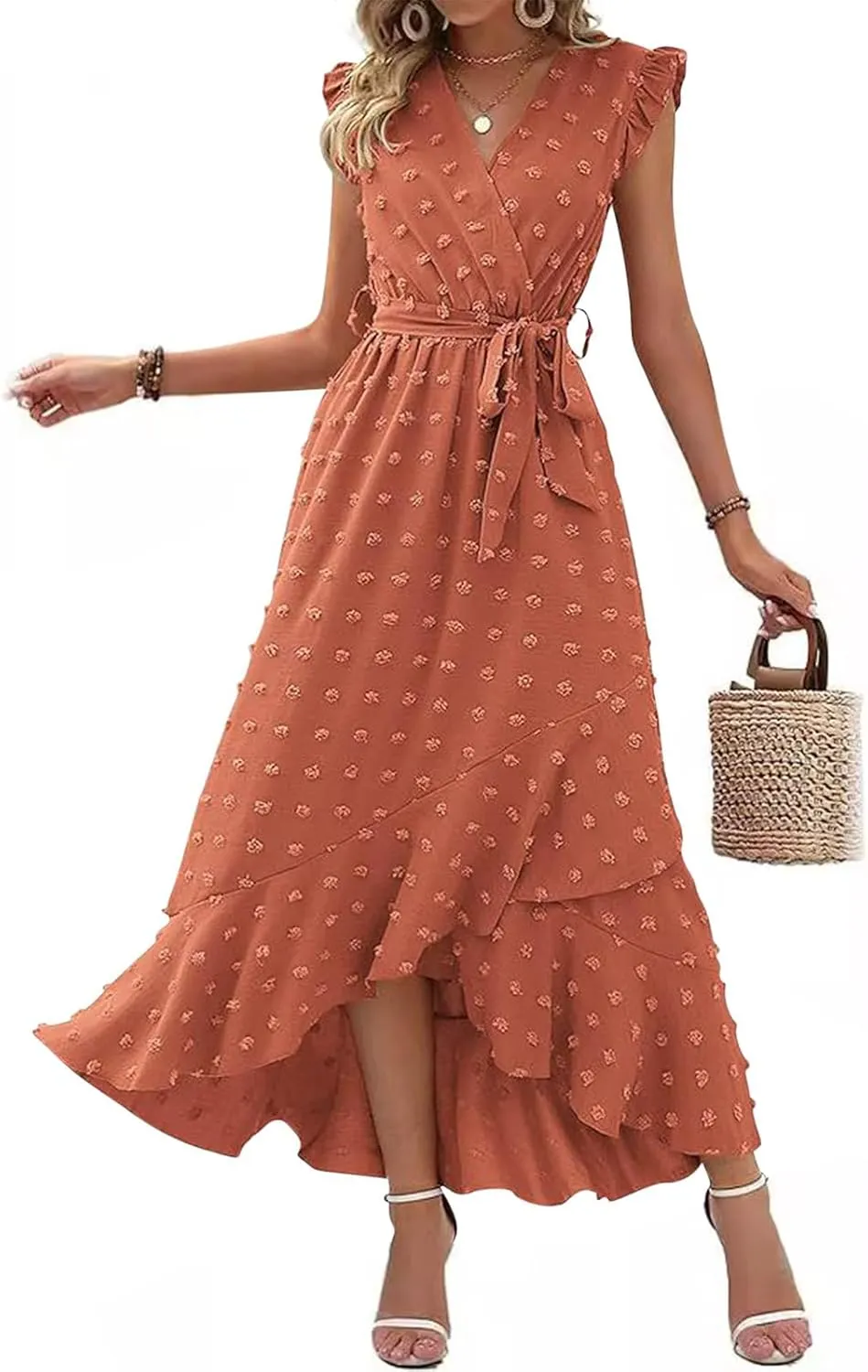 Women's Bohemian Swiss Dot Wrap V Neck Sleeveless Beach Party Maxi Dress Elegant Wedding Guest Sundresses