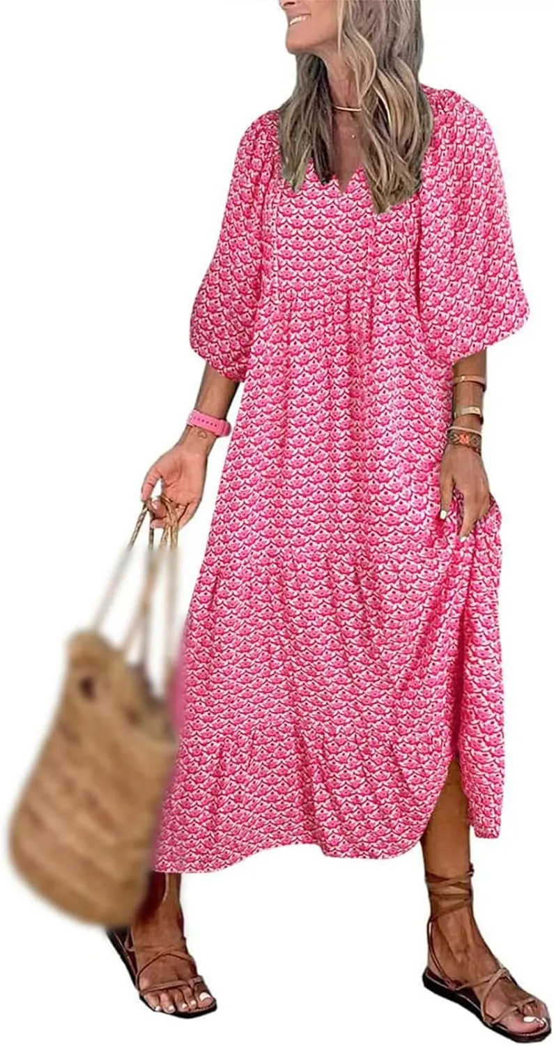 Womens Boho Dress Summer Casual Tie Front Deep V Neck A Line Midi Dress Floral Flowy Swing Long Beach Dresses