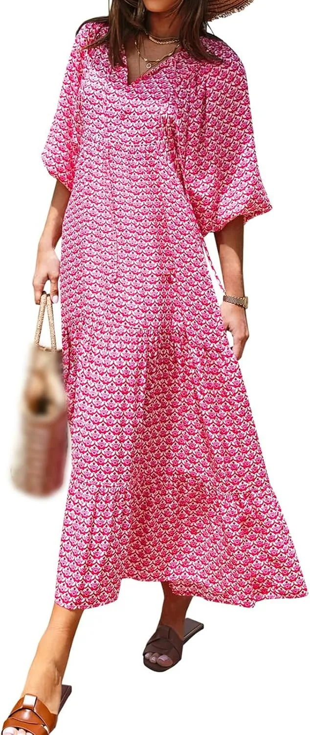 Womens Boho Dress Summer Casual Tie Front Deep V Neck A Line Midi Dress Floral Flowy Swing Long Beach Dresses