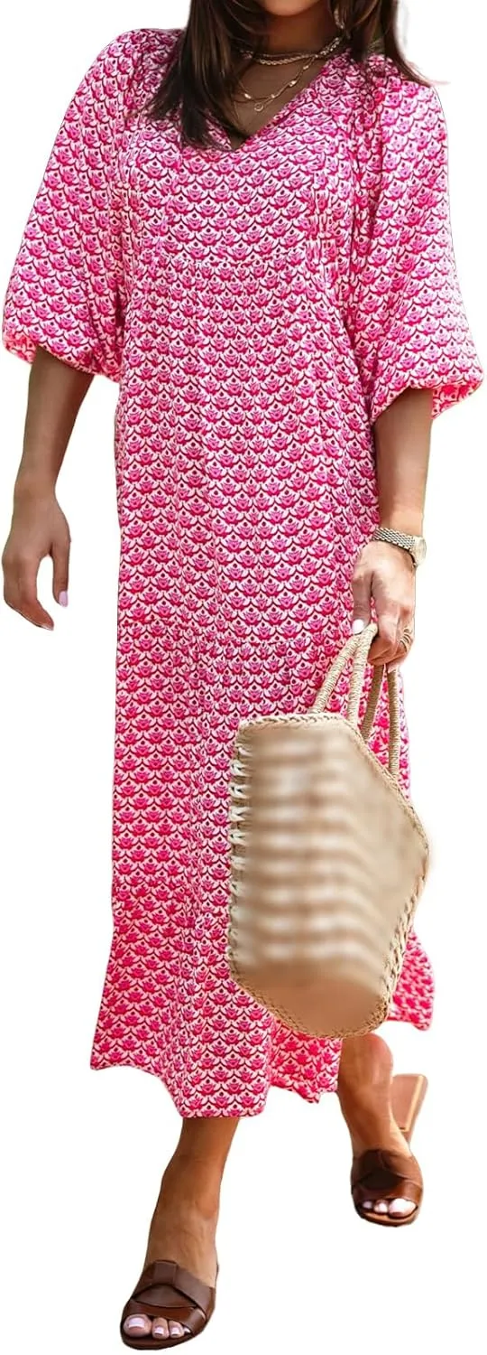 Womens Boho Dress Summer Casual Tie Front Deep V Neck A Line Midi Dress Floral Flowy Swing Long Beach Dresses