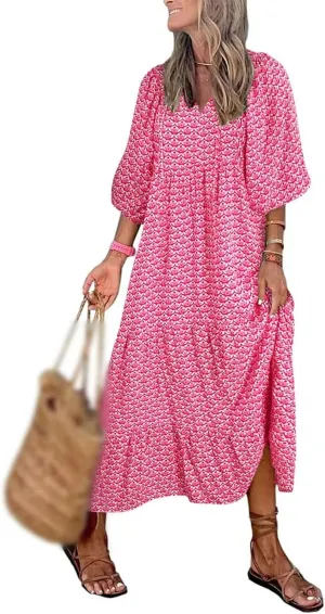 Womens Boho Dress Summer Casual Tie Front Deep V Neck A Line Midi Dress Floral Flowy Swing Long Beach Dresses