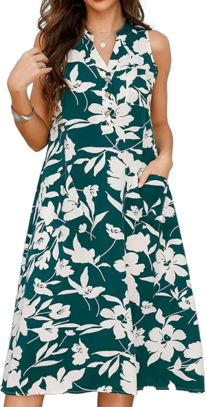 Women's Boho Floral Striped Polka Dot Tank Dress Summer V Neck Button Down Sleeveless Midi Dresses Casual Sundress