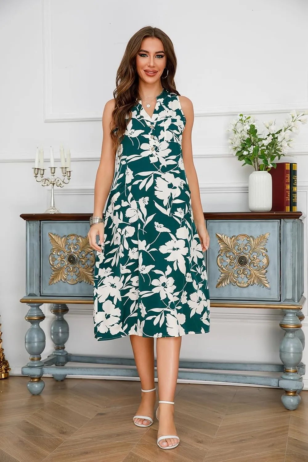 Women's Boho Floral Striped Polka Dot Tank Dress Summer V Neck Button Down Sleeveless Midi Dresses Casual Sundress