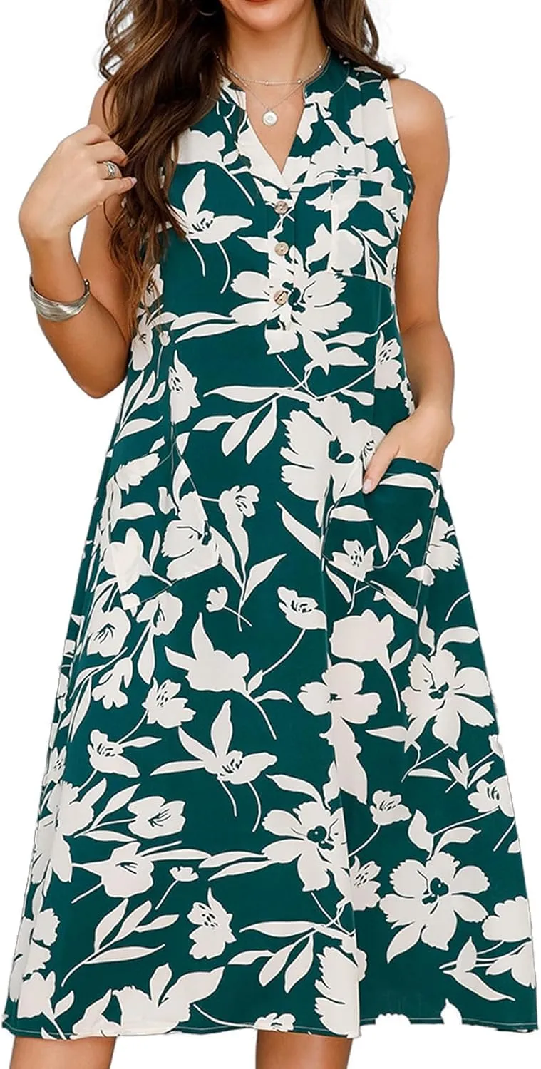 Women's Boho Floral Striped Polka Dot Tank Dress Summer V Neck Button Down Sleeveless Midi Dresses Casual Sundress