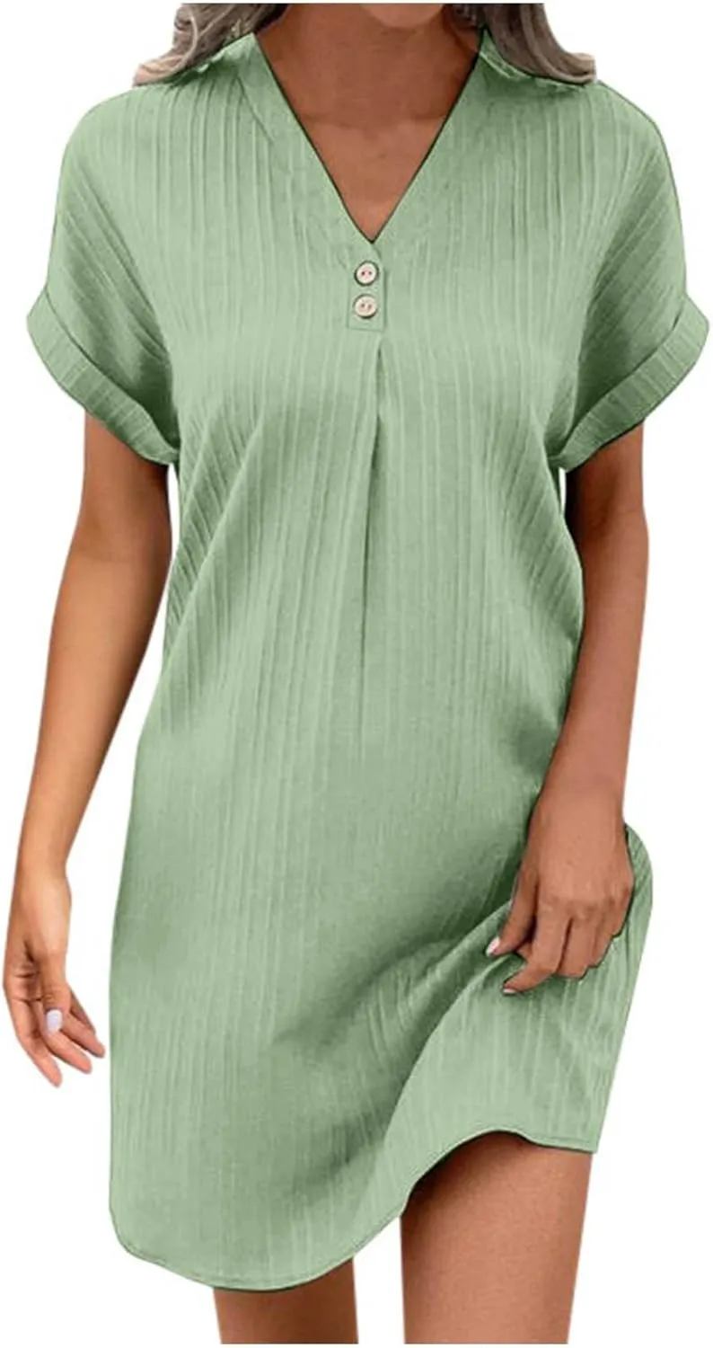 Womens Button Down Shirt Dress Summer Cotton Linen Dress V-Neck Mini Dress Casual Short Sleeve Loose Tunic Dresses