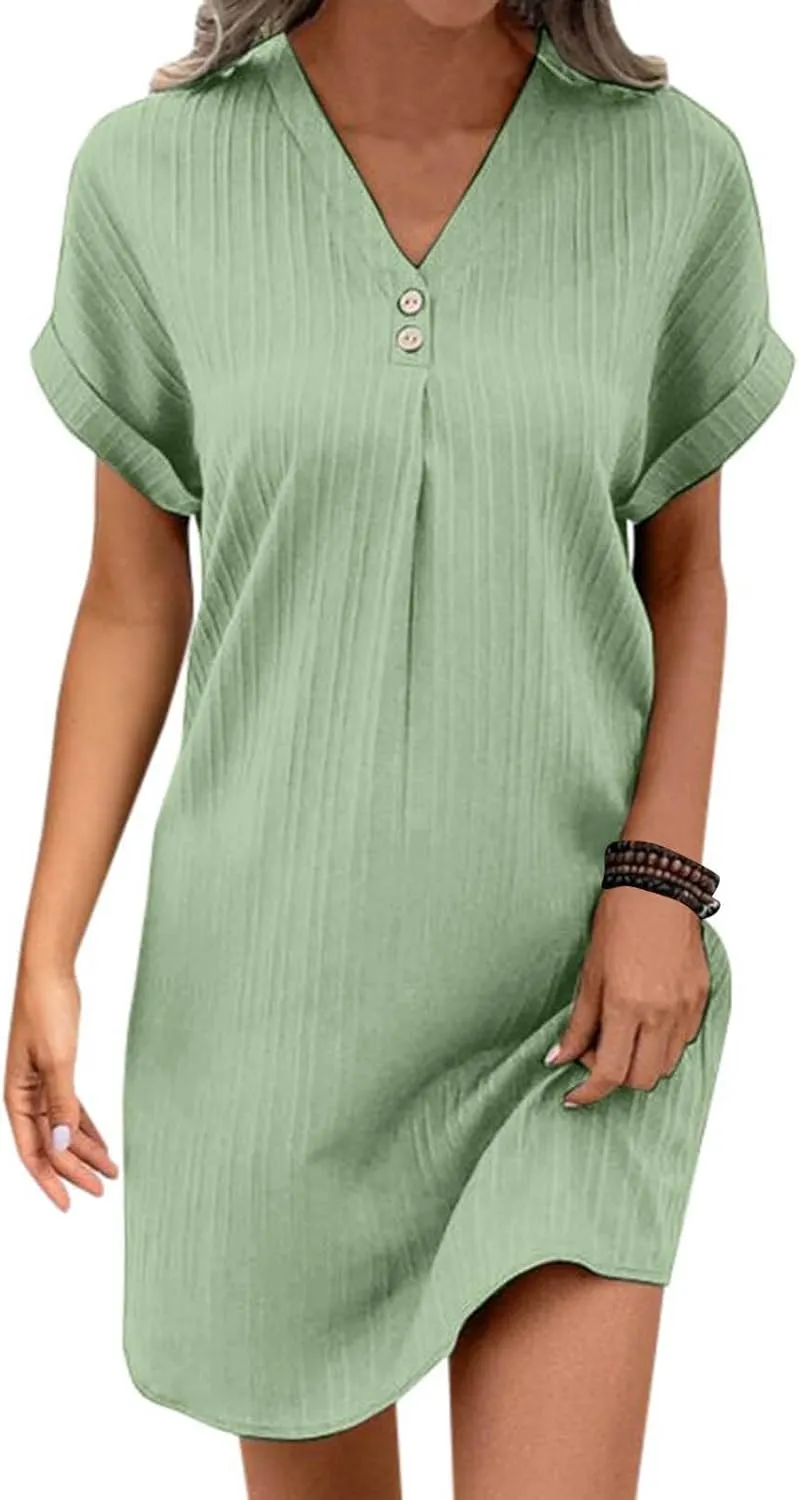 Womens Button Down Shirt Dress Summer Cotton Linen Dress V-Neck Mini Dress Casual Short Sleeve Loose Tunic Dresses
