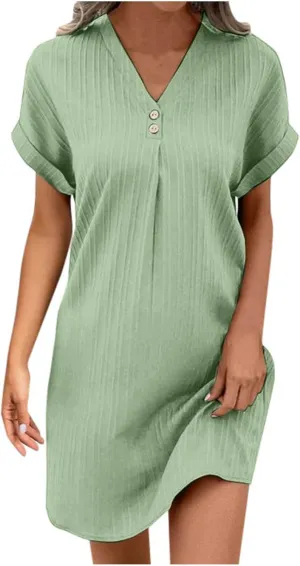 Womens Button Down Shirt Dress Summer Cotton Linen Dress V-Neck Mini Dress Casual Short Sleeve Loose Tunic Dresses