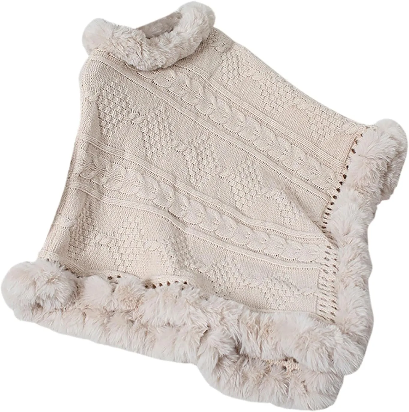Women's Cable Knit Chunky Turtleneck Cardigan Poncho Solid Pullover Shawl Cape Hollow Out Sweaters with Faux Fur Trim