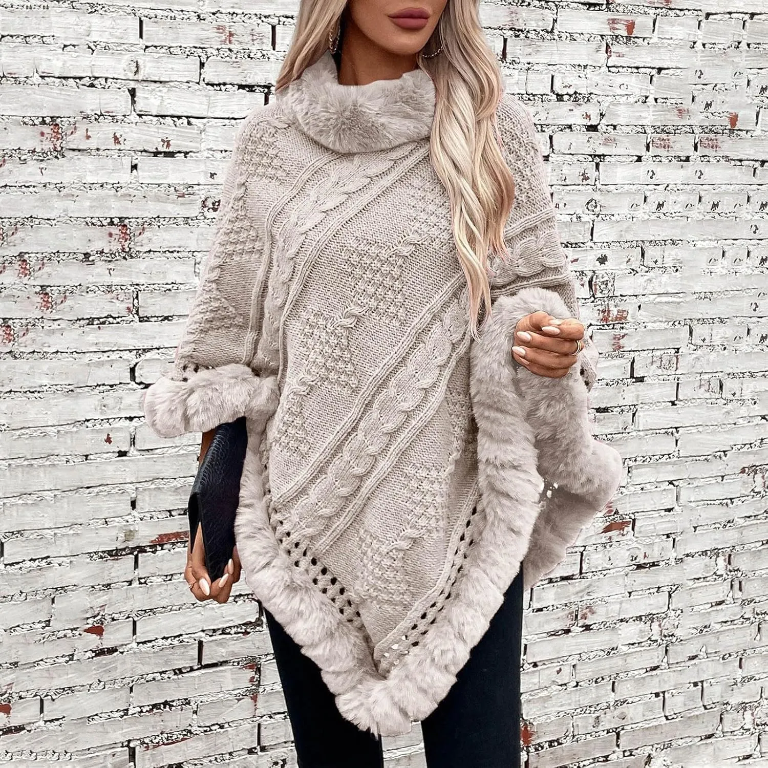 Women's Cable Knit Chunky Turtleneck Cardigan Poncho Solid Pullover Shawl Cape Hollow Out Sweaters with Faux Fur Trim