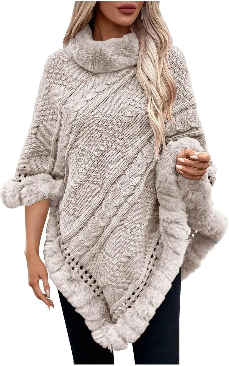 Women's Cable Knit Chunky Turtleneck Cardigan Poncho Solid Pullover Shawl Cape Hollow Out Sweaters with Faux Fur Trim