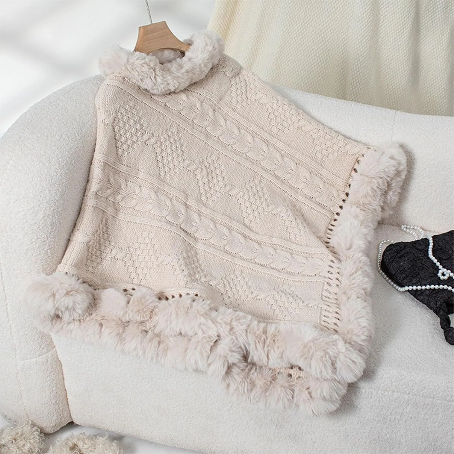 Women's Cable Knit Chunky Turtleneck Cardigan Poncho Solid Pullover Shawl Cape Hollow Out Sweaters with Faux Fur Trim