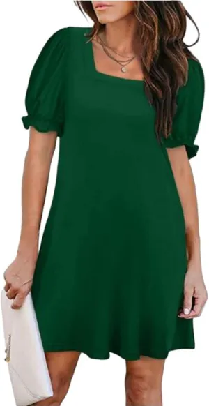 Women's Casual Dresses Square Neck Puff Sleeve Mini Dress Summer Loose Solid A Line Swing Tshirt Sundress 2025
