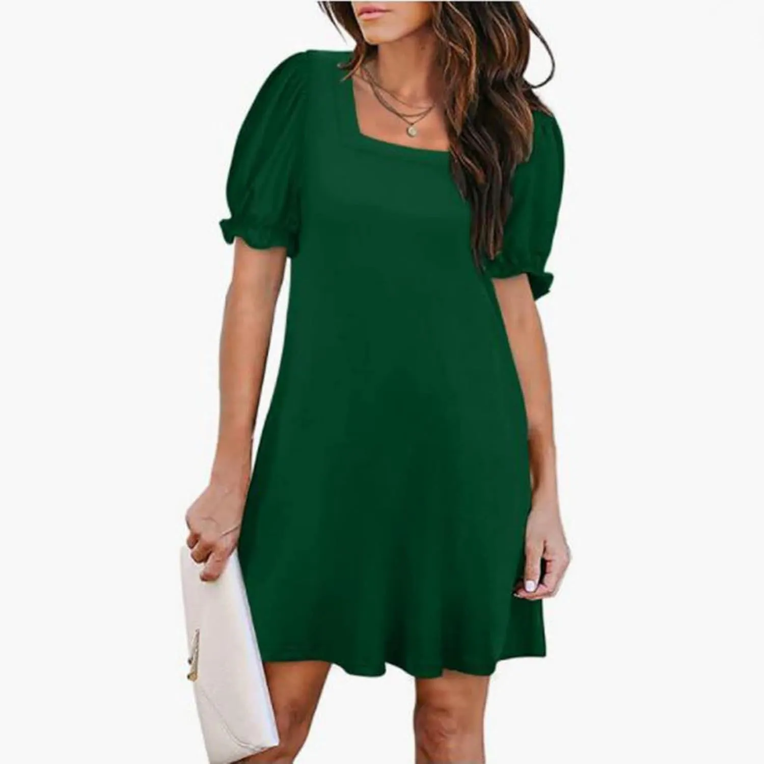 Women's Casual Dresses Square Neck Puff Sleeve Mini Dress Summer Loose Solid A Line Swing Tshirt Sundress 2025