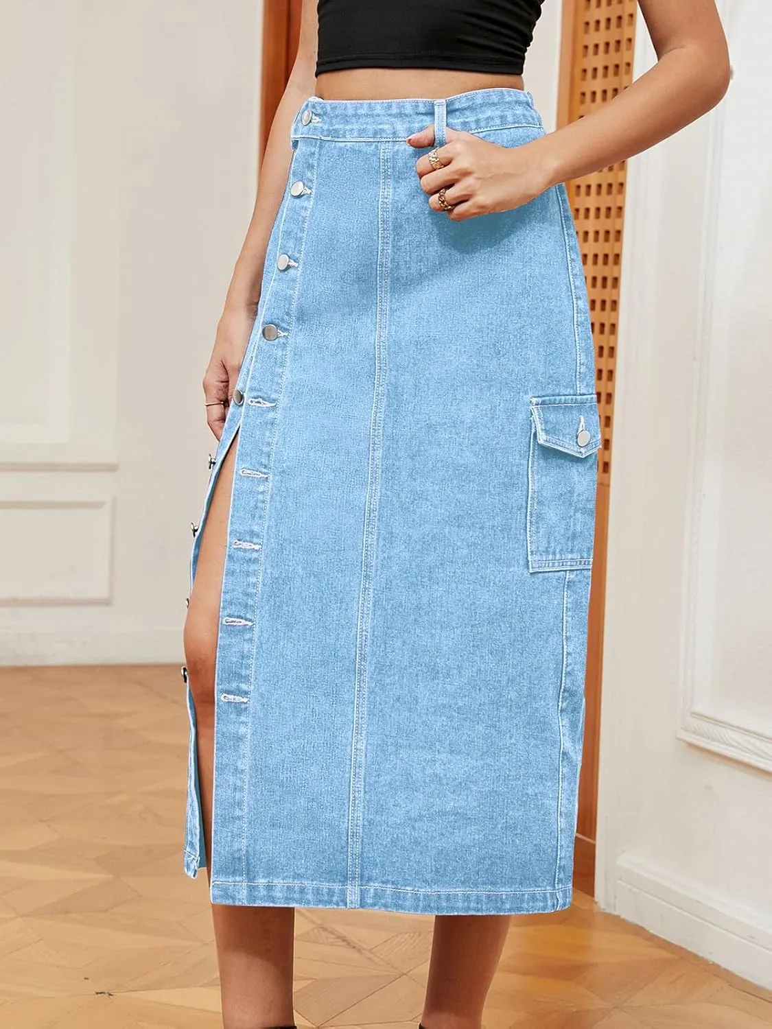 Women's Casual High Waist Denim Mid Skirt Slit Button Up Jean Skirts with Pockets