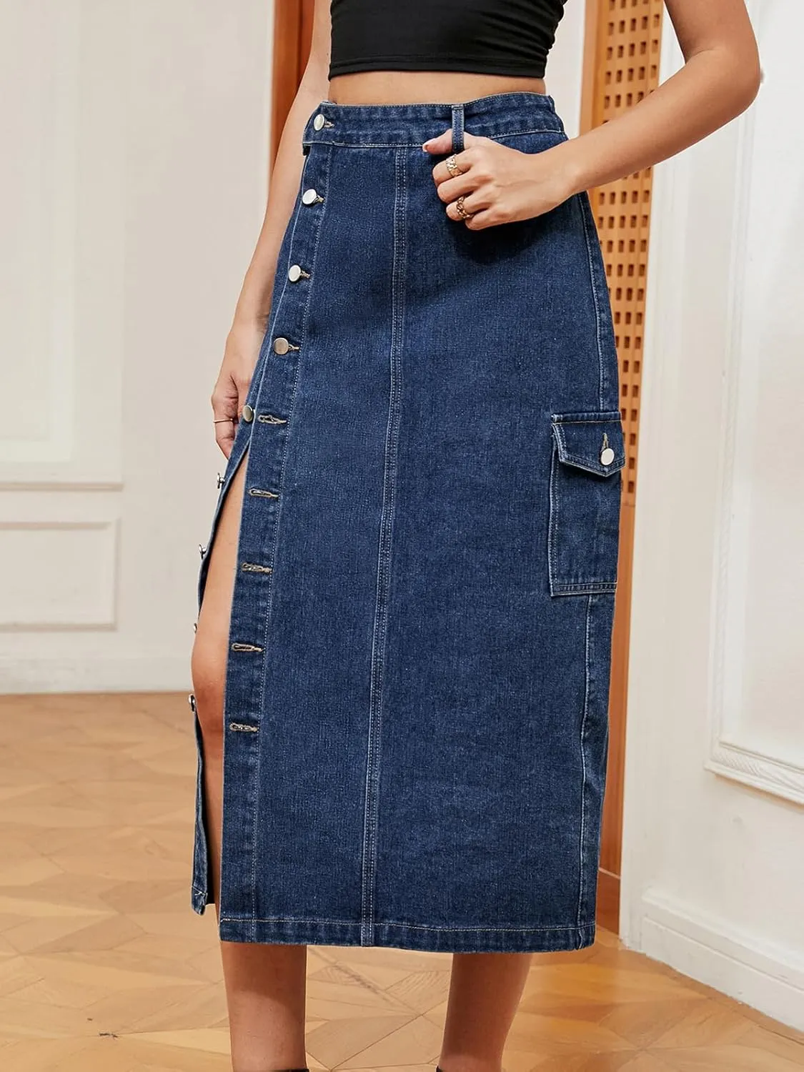 Women's Casual High Waist Denim Mid Skirt Slit Button Up Jean Skirts with Pockets