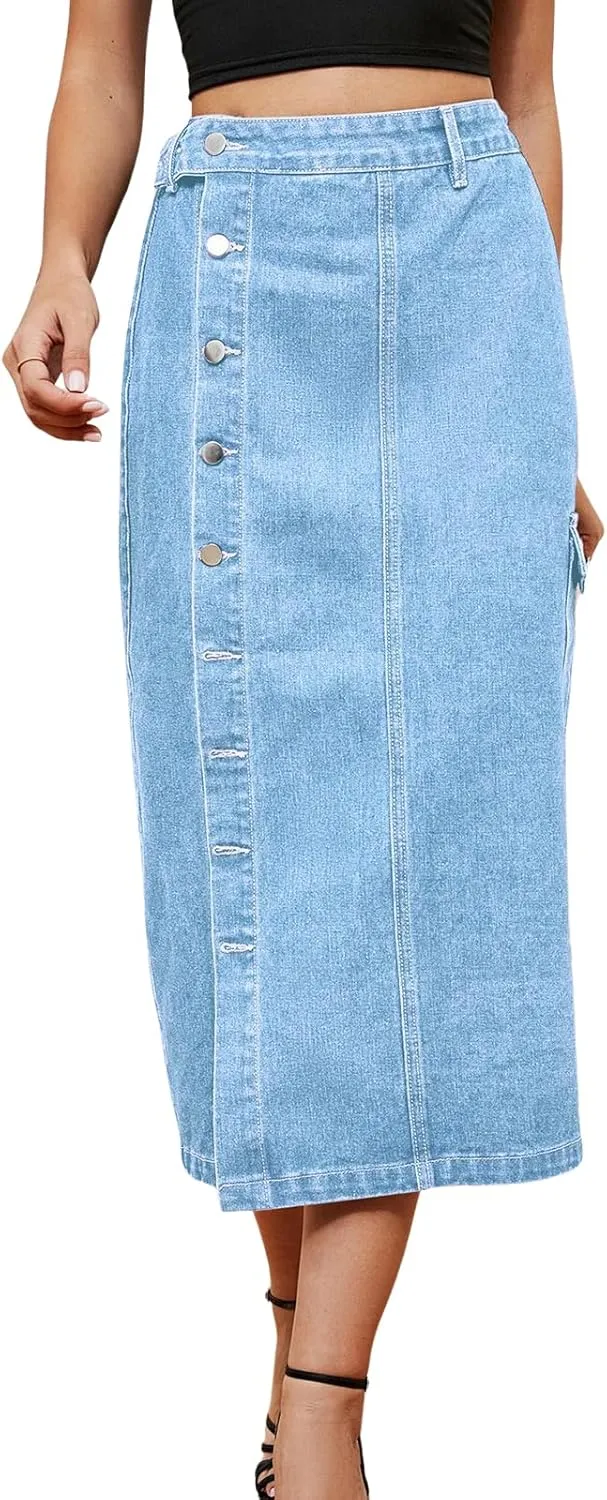 Women's Casual High Waist Denim Mid Skirt Slit Button Up Jean Skirts with Pockets