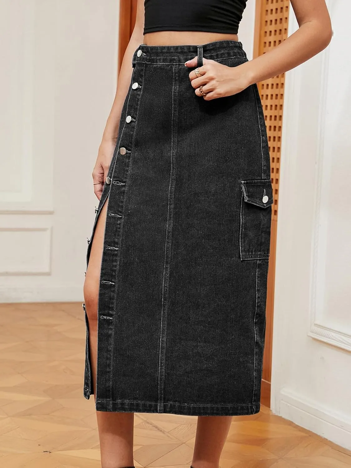 Women's Casual High Waist Denim Mid Skirt Slit Button Up Jean Skirts with Pockets