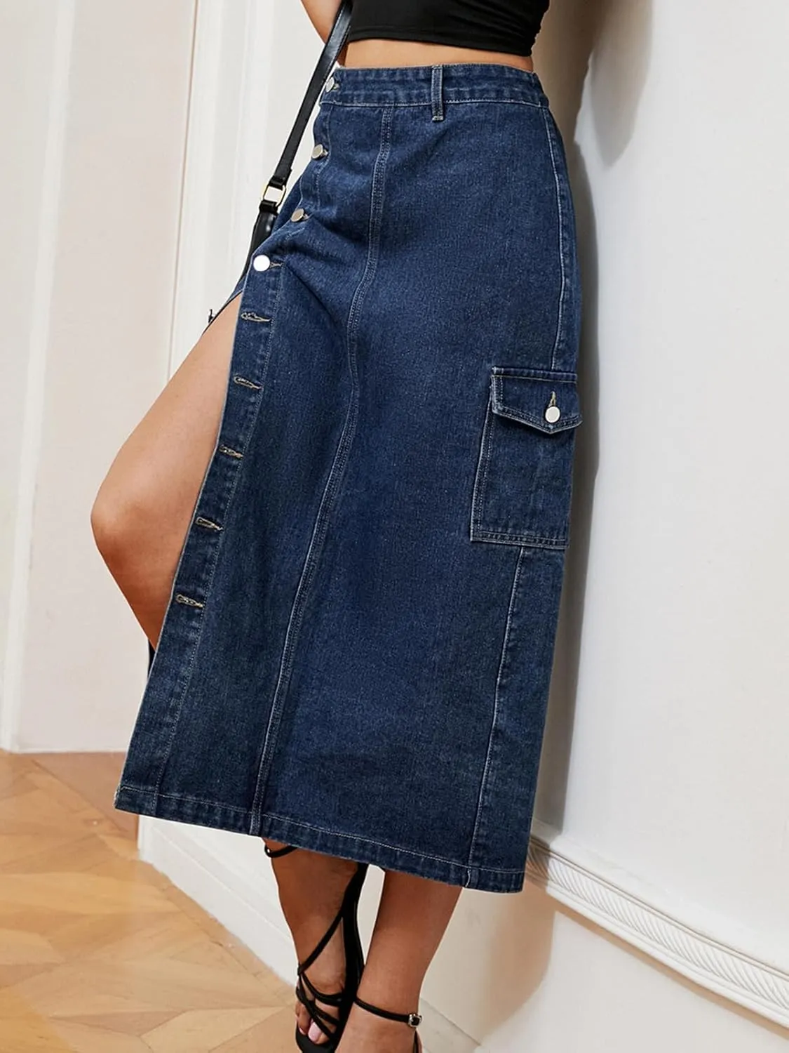 Women's Casual High Waist Denim Mid Skirt Slit Button Up Jean Skirts with Pockets