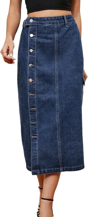 Women's Casual High Waist Denim Mid Skirt Slit Button Up Jean Skirts with Pockets