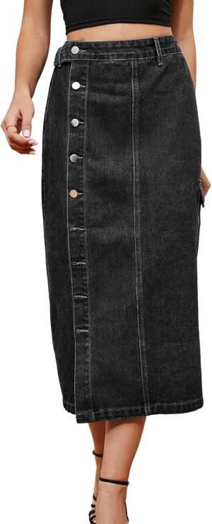 Women's Casual High Waist Denim Mid Skirt Slit Button Up Jean Skirts with Pockets