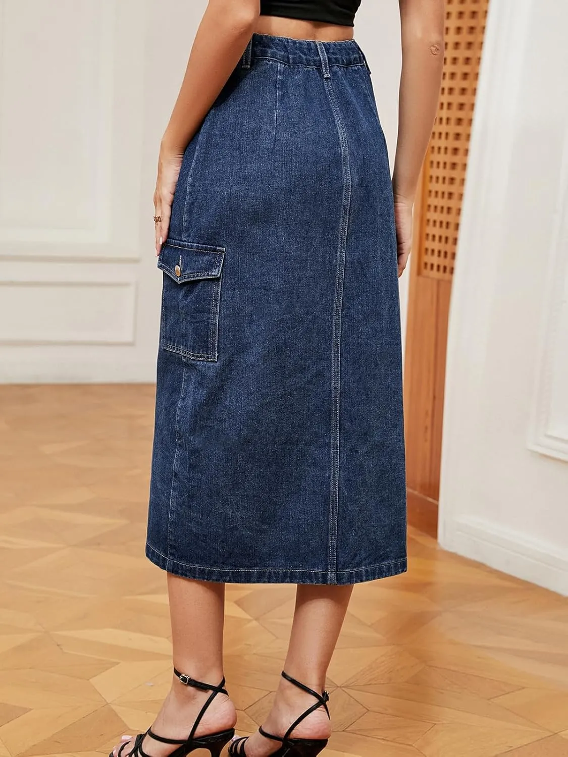 Women's Casual High Waist Denim Mid Skirt Slit Button Up Jean Skirts with Pockets