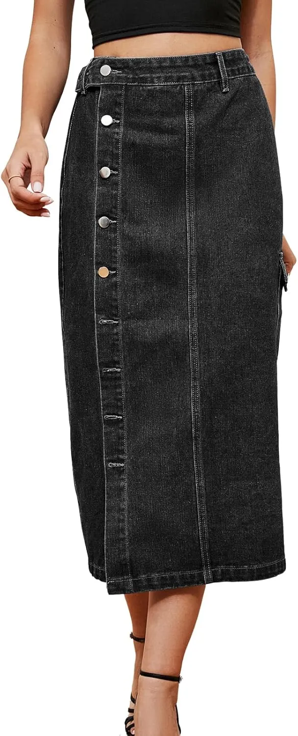 Women's Casual High Waist Denim Mid Skirt Slit Button Up Jean Skirts with Pockets