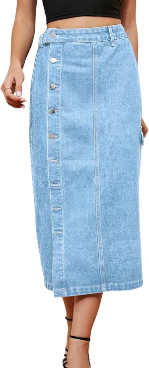 Women's Casual High Waist Denim Mid Skirt Slit Button Up Jean Skirts with Pockets