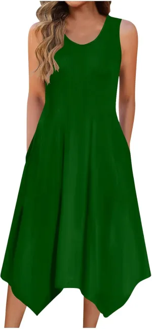 Womens Casual Summer Beach Sundresses Crewneck Sleeveless Flowy Tank Dress Aesthetic Vacation Irregular Dress Pockets