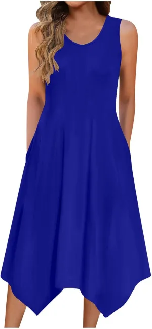 Womens Casual Summer Beach Sundresses Crewneck Sleeveless Flowy Tank Dress Aesthetic Vacation Irregular Dress Pockets